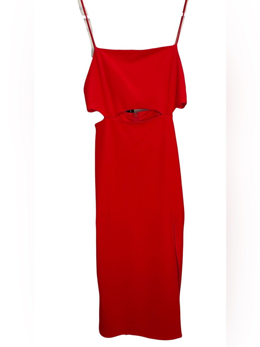Vntg Red Cutout Spaghetti Strap Midi Dress Front Slit  Stretch Large